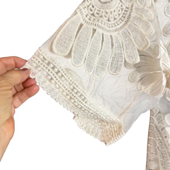 Chico's Lace Embroidered Fringe Sheer Mesh Duster Kimono Women's Large Cream - Picture 3 of 7